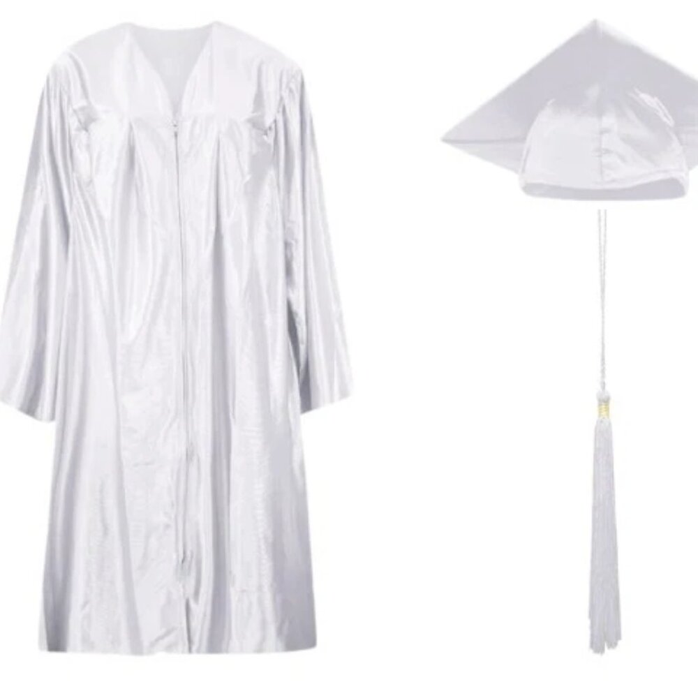 NEW Adult L White Satin Graduation Cap & Gown With Tassel - Picture 2 of 3